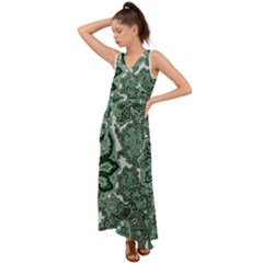 Green Ornament Texture, Green Flowers Retro Background V-neck Chiffon Maxi Dress