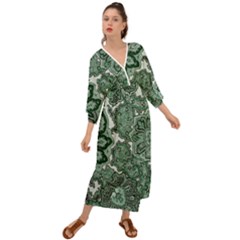 Green Ornament Texture, Green Flowers Retro Background Grecian Style  Maxi Dress