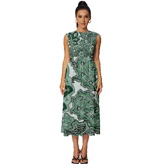 Green Ornament Texture, Green Flowers Retro Background Sleeveless Round Neck Midi Dress