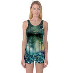 Trees Forest Mystical Forest Background Landscape Nature One Piece Boyleg Swimsuit