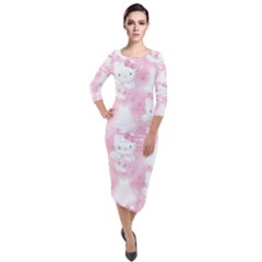 Hello Kitty Pattern, Hello Kitty, Child, White, Cat, Pink, Animal Quarter Sleeve Midi Velour Bodycon Dress