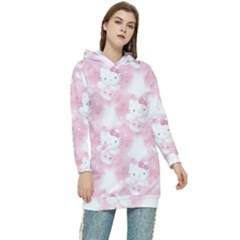 Hello Kitty Pattern, Hello Kitty, Child, White, Cat, Pink, Animal Women s Long Oversized Pullover Hoodie