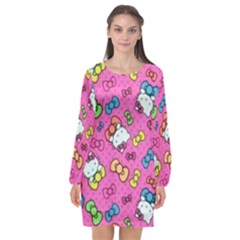 Hello Kitty, Cute, Pattern Long Sleeve Chiffon Shift Dress 