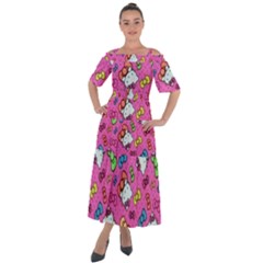 Hello Kitty, Cute, Pattern Shoulder Straps Boho Maxi Dress 