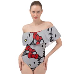 Hello Kitty, Pattern, Red Off Shoulder Velour Bodysuit 