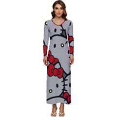 Hello Kitty, Pattern, Red Long Sleeve Longline Maxi Dress