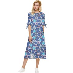 Islamic Ornament Texture, Texture With Stars, Blue Ornament Texture Bow Sleeve Chiffon Midi Dress