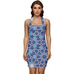 Islamic Ornament Texture, Texture With Stars, Blue Ornament Texture Sleeveless Wide Square Neckline Ruched Bodycon Dress