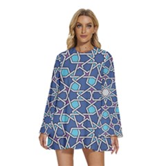 Islamic Ornament Texture, Texture With Stars, Blue Ornament Texture Round Neck Long Sleeve Bohemian Style Chiffon Mini Dress