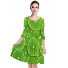 Lime Textures Macro, Tropical Fruits, Citrus Fruits, Green Lemon Texture Quarter Sleeve Waist Band Dress
