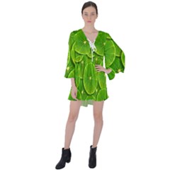 Lime Textures Macro, Tropical Fruits, Citrus Fruits, Green Lemon Texture V-neck Flare Sleeve Mini Dress