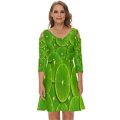 Lime Textures Macro, Tropical Fruits, Citrus Fruits, Green Lemon Texture Shoulder Cut Out Zip Up Dress