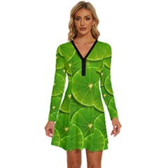Lime Textures Macro, Tropical Fruits, Citrus Fruits, Green Lemon Texture Long Sleeve Deep V Mini Dress 