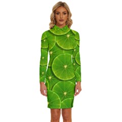 Lime Textures Macro, Tropical Fruits, Citrus Fruits, Green Lemon Texture Long Sleeve Shirt Collar Bodycon Dress