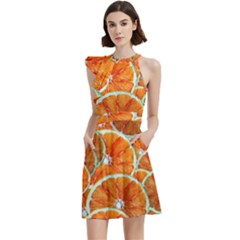 Oranges Patterns Tropical Fruits, Citrus Fruits Cocktail Party Halter Sleeveless Dress With Pockets