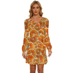 Oranges Patterns Tropical Fruits, Citrus Fruits Long Sleeve Waist Tie Ruffle Velvet Dress