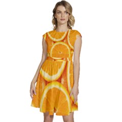 Oranges Textures, Close-up, Tropical Fruits, Citrus Fruits, Fruits Cap Sleeve High Waist Dress