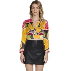 Oranges, Grapefruits, Lemons, Limes, Fruits Long Sleeve Tie Back Satin Wrap Top