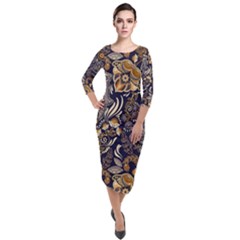 Paisley Texture, Floral Ornament Texture Quarter Sleeve Midi Velour Bodycon Dress
