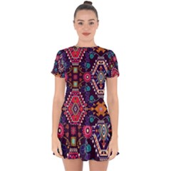 Pattern, Ornament, Motif, Colorful Drop Hem Mini Chiffon Dress