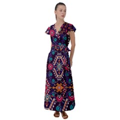 Pattern, Ornament, Motif, Colorful Flutter Sleeve Maxi Dress