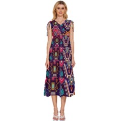 Pattern, Ornament, Motif, Colorful V-neck Drawstring Shoulder Sleeveless Maxi Dress