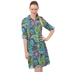 Patterns, Green Background, Texture Long Sleeve Mini Shirt Dress