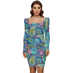 Patterns, Green Background, Texture Women Long Sleeve Ruched Stretch Jersey Dress
