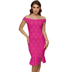 Pink Pattern, Abstract, Background, Bright, Desenho Off Shoulder Ruffle Split Hem Bodycon Dress