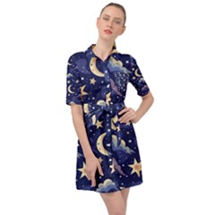 Night Moon Seamless Background Stars Sky Clouds Texture Pattern Belted Shirt Dress by Maspions