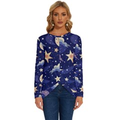Night Moon Seamless Background Stars Sky Clouds Texture Pattern Long Sleeve Crew Neck Pullover Top
