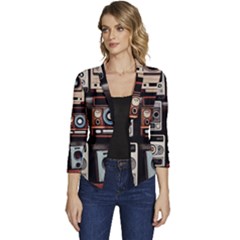 Retro Cameras Old Vintage Antique Technology Wallpaper Retrospective Women s Casual 3/4 Sleeve Spring Jacket