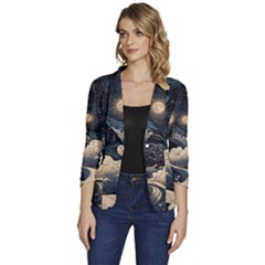 Starry Sky Moon Space Cosmic Galaxy Nature Art Clouds Art Nouveau Abstract Women s One-button 3/4 Sleeve Short Jacket