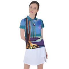 Artwork Outdoors Night Trees Setting Scene Forest Woods Light Moonlight Nature Women s Polo T-shirt