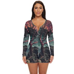Night Sky Nature Tree Night Landscape Forest Galaxy Fantasy Dark Sky Planet Long Sleeve Boyleg Swimsuit