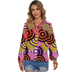 Abstract Circles Background Retro Women s Long Sleeve Button Up Shirt