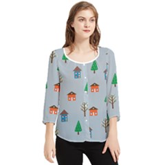 House Trees Pattern Background Chiffon Quarter Sleeve Blouse