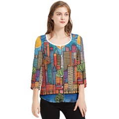 City New York Nyc Skyscraper Skyline Downtown Night Business Urban Travel Landmark Building Architec Chiffon Quarter Sleeve Blouse