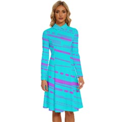 Wave Stripe Pattern Design Aqua Long Sleeve Shirt Collar A-line Dress by Ndabl3x