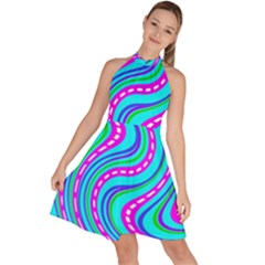 Swirls Pattern Design Bright Aqua Sleeveless Halter Neck A-line Dress
