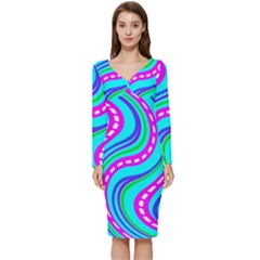 Swirls Pattern Design Bright Aqua Long Sleeve V-neck Bodycon Dress  by Ndabl3x