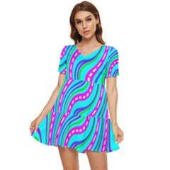 Swirls Pattern Design Bright Aqua Tiered Short Sleeve Babydoll Dress by Ndabl3x