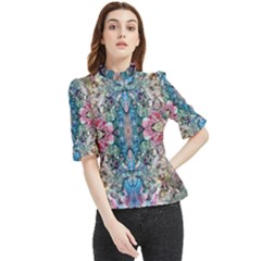 Turquoise Arabesque Frill Neck Blouse