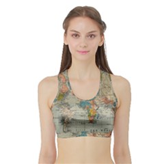 Vintage World Map Sports Bra With Border