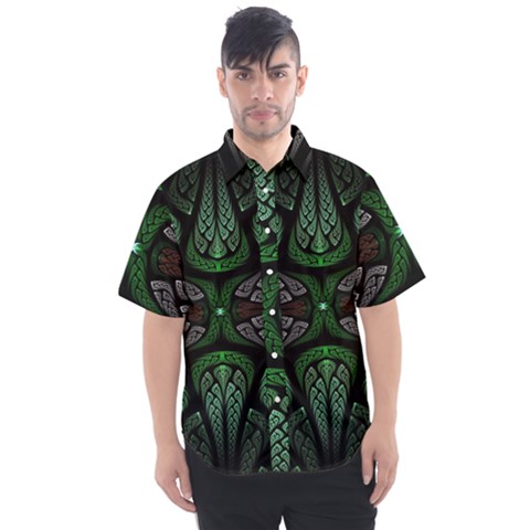 Fractal Green Black 3d Art Floral Pattern Men s Short Sleeve Shirt by Cemarart