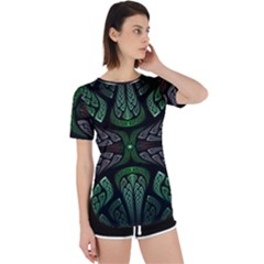 Fractal Green Black 3d Art Floral Pattern Perpetual Short Sleeve T-shirt by Cemarart