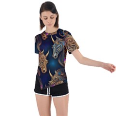 Pattern With Horses Asymmetrical Short Sleeve Sports T-shirt