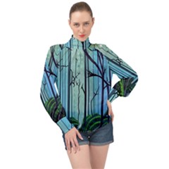 Nature Outdoors Night Trees Scene Forest Woods Light Moonlight Wilderness Stars High Neck Long Sleeve Chiffon Top