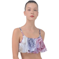 Pastel Rose  Flower Blue Pink White Frill Bikini Top