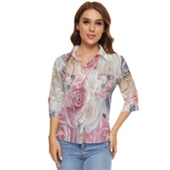 Pastel Rose  Flower Blue Pink White Women s Quarter Sleeve Pocket Shirt